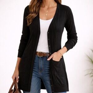 BURBERRY LONDON Black Pleated‎ Long Sleeve Button Front Cardigan Dress Womens